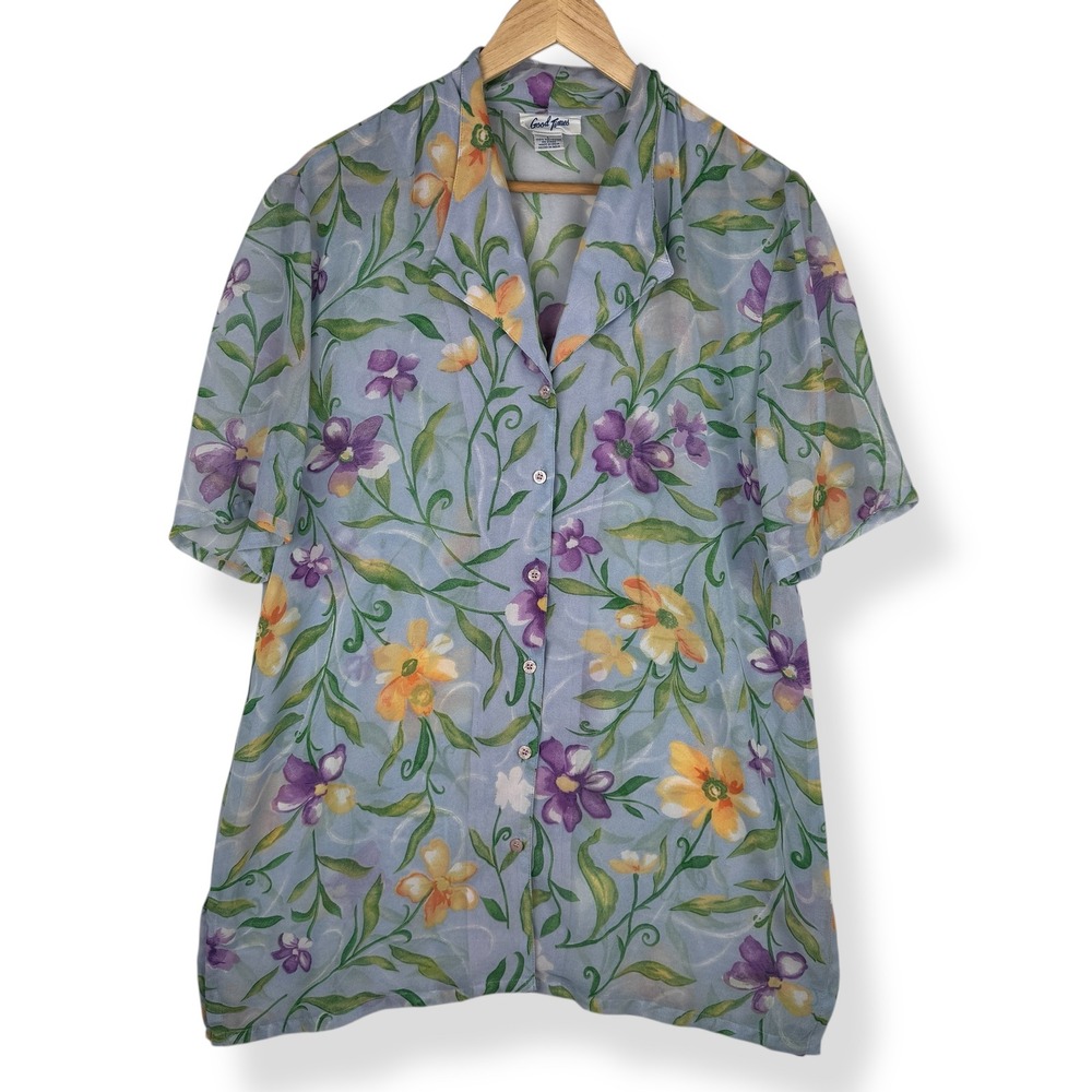 Good Times Sheer Button Tunic Top Size Large‎ Floral Granny Cottage Retro Blouse